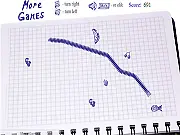 Screenshot of Notepad Snake game, doodle-style snake on lined paper, eating fruit and avoiding scissors, play free online arcade game