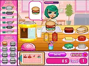 Play Dora's Burger Shop free online time management game, clicking ingredients to build customer fast-food orders
