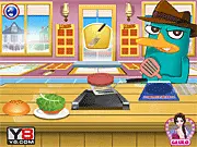 Perry the Platypus cooking an American Hamburger in a fun kitchen game setting, showing the grilling process and toppings