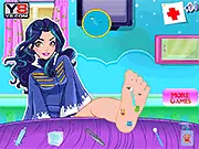 Evie from Disney's Descendants sitting in a doctor's chair in the Evie Foot Doctor online game, showing medical tools and her injured foot