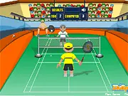 Supa Badminton game screenshot showing two cartoon figures playing badminton on a green court, play free online sports game