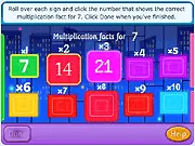 Multiplication Facts free online game screenshot, showing a times table question and multiple-choice answers to click.