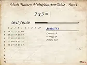 Math Trainer Multiplication Table free online game screenshot, showing a multiplication problem and a timer for speed training.