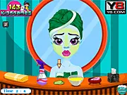 Abbey Bominable Makeover Online game screenshot showing character with cosmetics and stylish dress on PlayArcadeHub