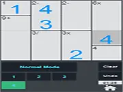 Mathdoku puzzle game screenshot, showing a grid with arithmetic cages and numbers