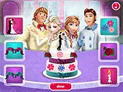 Frozen Wedding Cake Cooking Game screenshot showing the Frozen family decorating a large tiered wedding cake on PlayArcadeHub
