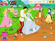Cinderella Wedding Cleaning free online game screen showing Princess Cinderella with a messy wedding ballroom filled with trash and scattered items