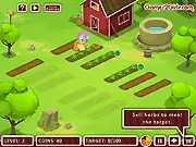 Potherbs Farm Management Online game screenshot showing a field of crops, farming tools, and Grandma on PlayArcadeHub
