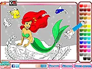Screenshot of Mermaid Ariel Coloring game showing a line drawing of Princess Ariel and a wide selection of colorful tools for players to use for painting.