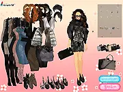 Screenshot of the Fur Show Fashion Designer game, showing a model on a runway wearing an elegant, fur-trimmed autumn or winter outfit.