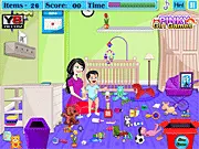 Babysitter House Cleaning free online game, a girl cleaning a messy room with a baby and racing against the timer