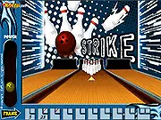 A bowling ball rolling toward the ten pins in the classic Bowling Alley online game on a wooden lane