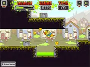 Toxic Town online game screenshot - Toxic Boy shooting weapon in a dangerous, obstacle-filled action game on PlayArcadeHub