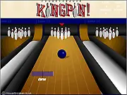 Screenshot of Kingpin Bowling online game showing a bowling ball traveling down a polished lane towards a set of pins.