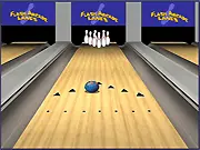 Screenshot of Flash Arcade Lanes online bowling game showing a ball rolling down the alley towards a setup of ten pins.