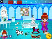 Baby Nora Frozen Rooms Clean Up game screenshot, tidying a messy bedroom with a blue and white Frozen theme, play free online cleaning game