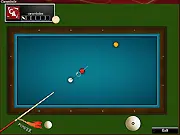 Carambole Billiards game showing the white cue ball and two object balls on a green table, demonstrating a precise carom shot