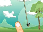 Gameplay screenshot of Finger VS Axes showing a giant finger cursor taunting a small enemy character wielding an axe near rocky hazards