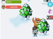 Winter Chase game screenshot showing a character skiing down a snowy hill being chased by an angry grizzly bear, avoid trees, play free online arcade skiing game