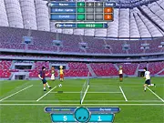 A football player on a tennis court using his head to hit a soccer ball over the net in the arcade sports game Euro Football Tennis 2012.
