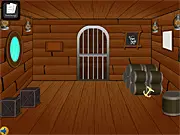 Pirate Ship Adventure Escape free online puzzle game graphic showing the deck of an old wooden pirate ship with various locked objects and tools visible on PlayArcadeHub.