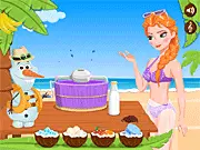 A graphic showing Elisa (Elsa) in a kitchen setting, holding a spoon over a bowl with six different magical ingredients next to her, ready to make ice cream for Olaf the snowman