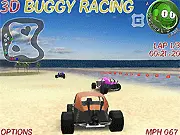 Screenshot of 3D Buggy Racing online game showing a buggy vehicle speeding on a dirt track, avoiding tennis balls, while trying to overtake AI opponents