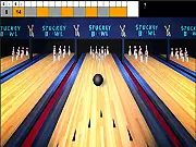 The bowling lane with ten pins viewed from a dynamic camera angle in Ed's Stuckey Bowl free online game