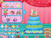 A multi-tiered, pink and white baby shower cake being decorated with various cute baby-themed toppings in the Baby Shower Cake Decoration game