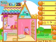 A messy dollhouse scene in the Princess Doll House game showing furniture and dolls scattered across the different rooms and garden