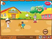 The turkey trying to run away from the three chasing characters, Eudora, Boots, and Swiper, on the farm in Eudora Turkey Catching online game