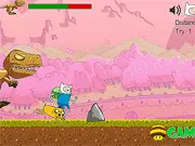 A screenshot of Finn the Human running through a colorful, side-scrolling obstacle course, with various monsters and hazards in the Adventure Time Amazing Race game