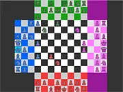 A four-player Quad Chess board showing four distinct sets of colored pieces arranged on the large, square board, ready for the strategy game to begin.