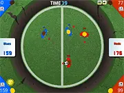 Four brightly colored circular football players with a ball in a small arena, trying to push each other into a large black hole in the center of the pitch.