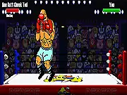 The boxer character facing off against a bizarre, stereotyped opponent in a retro-style boxing ring in the fighting game Stereotype Boxing 2.
