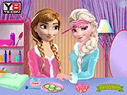 Screenshot of the Elsa and Anna Prom dress-up game, showing Princess Elsa and Princess Anna wearing elegant ballgowns ready for the royal prom party.