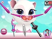Baby Talking Angela Nose Doctor game screenshot showing Angela the cat with a sore nose and specialized medical tools ready for treatment.