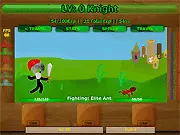 Screenshot from Stick Hero III showing a stick figure hero automatically fighting enemies and collecting experience (EXP) drops in the idle RPG online game