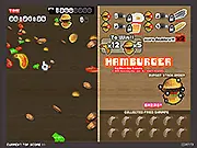 Gameplay screenshot of HamBurger Chef showing a counter with burger ingredients and a customer waiting for their food