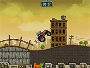 Towing Tractor free online game screenshot showing a red farm tractor pulling a long line of connected cargo carts on a paved lot, navigating a tight corner