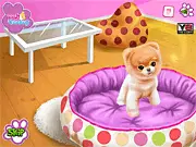 Baby Doggy Boo free online game screenshot showing the fluffy brown dog, Boo, wearing a fashionable contest outfit, standing in front of a wardrobe selection menu