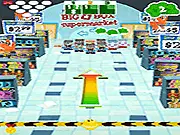 The Zombies4Hire Supermarket Bowling online game screen showing a bowling ball approaching a set of zombie employees standing in the pin formation inside a supermarket aisle.