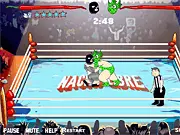 Nacho Libre in his blue and red wrestling mask in a side-view mini-game, mid-fight against an opponent in a lucha libre ring.
