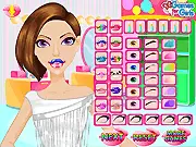 Fun Lips game screenshot showing a model with vibrant, glittery lip art design