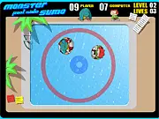 Monster Pool Side Sumo game screen showing two goofy monsters grappling on a small platform near a pool, with a red circle in the center