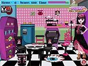 Monster High Messy Kitchen free online game screenshot showing Lagoon and the messy kitchen filled with trash and dirty dishes