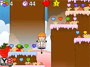 Valentine Stick free online game screenshot showing a stick figure jumping between pink platforms to collect a yellow star while avoiding a red enemy