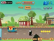 Cream The Last Chance free online game screenshot showing a heavily armored ice cream truck driving down a road while shooting at a horde of cartoon-style zombies