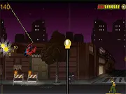 Spider-Man Save Children free online game screenshot showing Spidey swinging between skyscrapers in New York City with an alien spaceship visible in the background