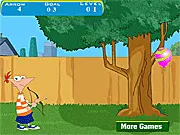Phineas and Ferb Archery free online game, Phineas aiming a bow and arrow at balloons, aiming physics game
